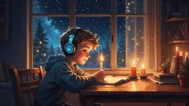 A boy sits at a table, music listen through her headphones. The flickering light of a fire candle illuminates his face, Outside the big glass window, the Christmas night sky twinkles,lofi animation.