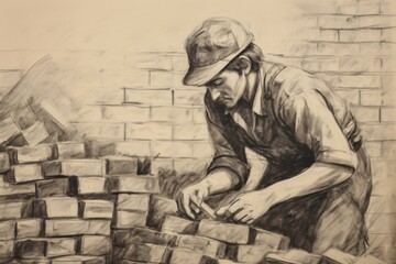 Fototapeta na wymiar Vintage sketch of a laborer working to construct a wall or house by laying bricks