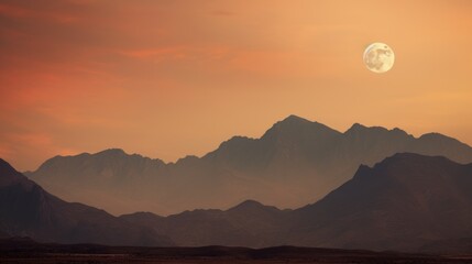 Fototapeta premium a view of a mountain range at sunset with a full moon in the sky and a distant mountain range in the foreground.