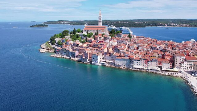 Daytime aerial drone panorama of old town Rovinj, famous ancient Croatian city at the sea. Istria, Croatia.