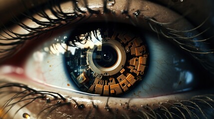  a close up of a person's eye with the reflection of a clock in the iris of the eye.
