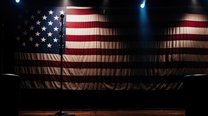 Darkened Stage with American Flag and Microphone after Concert Ends - obrazy, fototapety, plakaty