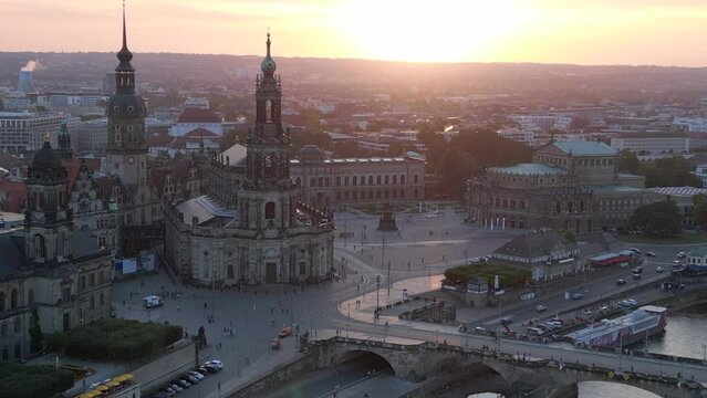 Best aerial top view flightdrone. Sunset town Dresden Cathedral Bridge River