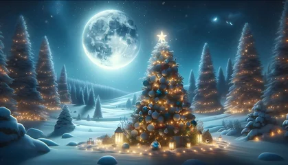 Poster Noël en hiver : illustration d'un paysage nocturne avec arbre de Noël et sapin sous la lune. Scène de célébration saisonnière, nature enneigée, décorations scintillantes, ambiance froide et festive. © Sébastien