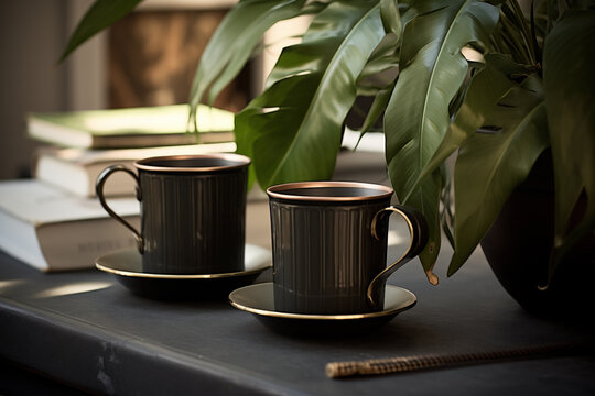 Two black cups and two books on tables, in the style of highly detailed foliage, snapshots of urban life, Danish design, dynamic outdoor shots, dark silver and light green, delicate gold detailing