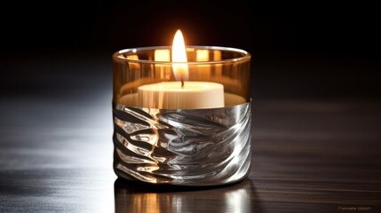  a close up of a candle in a glass with a reflection on a table with a black background and a reflection of a candle in the glass.