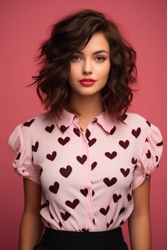 portrait of a lovely brunette wearing a pink shirt with printed black hearts. Valentine concept. Generative AI