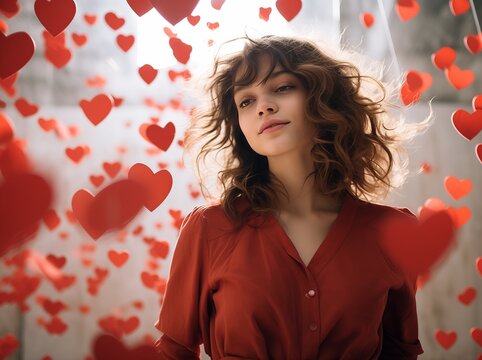 a lovely brunette wearing a red dress, surrounded with red hearts flying around her. Valentine concept. Generative AI