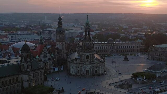 Majestic aerial top view flight drone Sunset town Dresden Cathedral Bridge River
