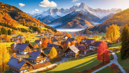 Small village or town aerial in rural landscape during autumn season. Apls landscape, travel destination   .ai generated