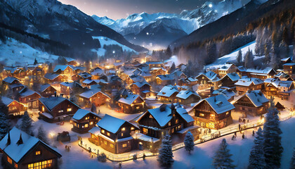 Village or town in rural, winter landscape at night. Illuminated Houses with snow mountain background during Christmas. travel destination, ai generated - obrazy, fototapety, plakaty