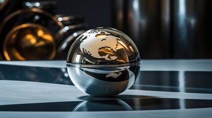  a silver and black globe sitting on top of a metal table next to a shiny black and white tablecloth.
