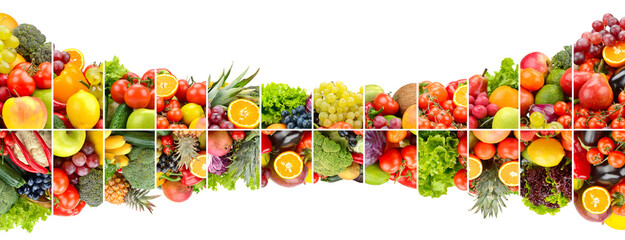 Wide composition of fruits, vegetables and berries divided by vertical lines isolated on white