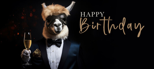 Happy Birthday party celebration greeting card with text - A funny alpaca with suit, bow tie and champagne glass, champagne cheers during a celebration, isolated on black background - obrazy, fototapety, plakaty