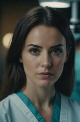 Sincere medical professional in teal scrubs, close-up.
