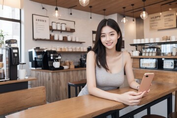 Fototapeta na wymiar Asian woman in a coffee shop