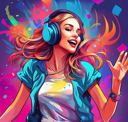 Happy girl in headphones dancing at a disco, vector illustration,