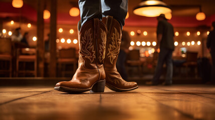 Close-up picture of shoes while people are dancing, american boots, dance party at a bar, american...