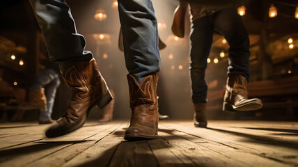 Close-up picture of shoes while people are dancing, wooden floor of a classic american pub,...