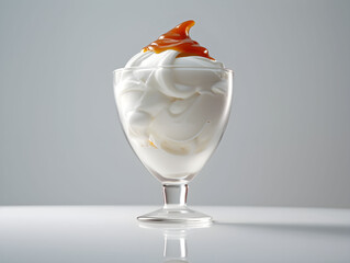 white ice cream in a glass, yogurt ice cream with caramel sauce on top, on a white background, sundae for dessert, sweet ice cream, packshot of food, 