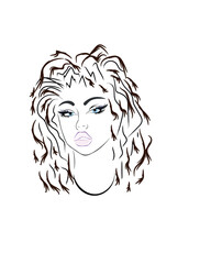 girl with hair. Beautiful woman face pink lips, stylish hairstyle. Beauty Logo. Vector illustration, diadem flowers, floral motive, abstract flowers, spa salon, sign, symb