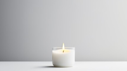 Fototapeta na wymiar a white candle sitting on top of a white table next to a gray wall and a gray wall behind it.