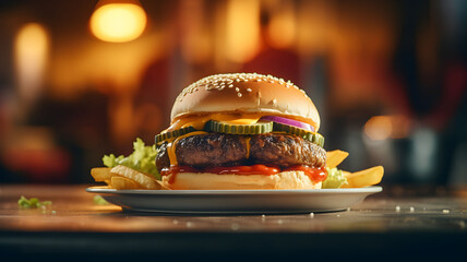 close-up picture of a hamburger at a diner restaurant, american food, american meal, fast food, cheeseburger with fries, tomatoes and salad, food picture, beef burger