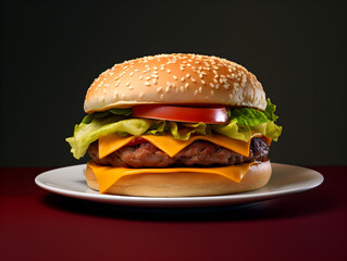 hamburger with beef tomatoes, cheese and salad on a black background, american fast food, cheeseburger, picture of food