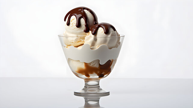 vanilla Ice cream in a glass with melted chocolate on top, chocolate sauce, caramel, on a white background, sundae for dessert, sweet ice cream, packshot of food, 