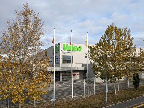 Humpolec, Czech republic - November 11, 2023: Valeo logo sign. French global automotive supplier, building with brand logotype signboard.Czech factory warehouse and production plant by D1 highway
