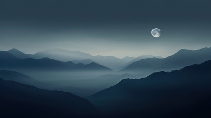 Fototapeta premium a black and white photo of a mountain range with a moon in the sky and fog in the valley below.
