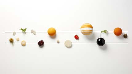  a long line of different fruits and vegetables on a white background with a line of different fruits and vegetables on the opposite side of the line.