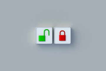 Fototapeta na wymiar Database access options concept. Selecting the system protection level. Privacy, confidence data. Security option. Green open and red closed padlocks on button. 3d render