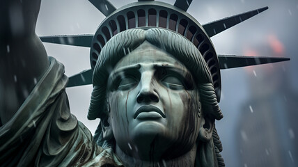 Statue of liberty crying in the rain, sad face, political issues in america, american problem, freedom, america, sad, modern america