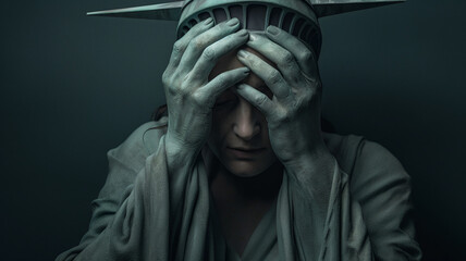 Statue of liberty crying hiding her face in shame, holding her head,  political issues in america, american problem, freedom, america, sad, modern america