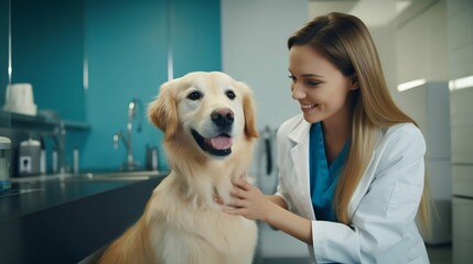 Compassionate Care: Veterinarian Enjoying a Cheerful Moment with a Golden Retriever. Generative ai