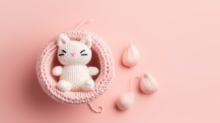 Small knitted baby cat toys and knitted balls on a pink pastel background