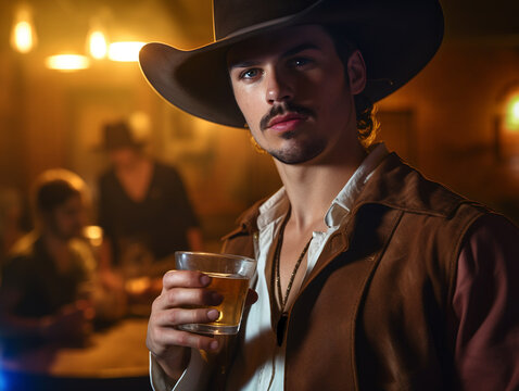 Handsome man with a cowboy hat drinking a beer in a bar, american traditional bar, cold alcoholic beverage, romantic date in america, cowboy outfit