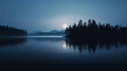 a full moon rising over a lake with trees in the foreground and a mountain range in the distance in the distance.