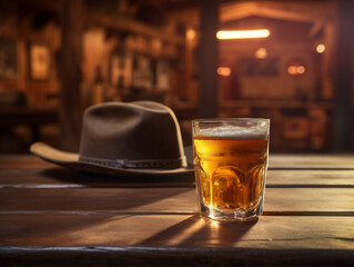 American bar, cold beer with a cowboy hat on a bar, american themed party, cowboy party at a local bar, alcoholic cold beveraged, american brewery - obrazy, fototapety, plakaty