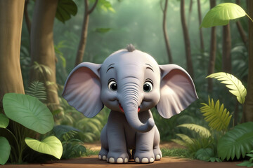 Cute smiling happy baby elephant in the jungle. 3d cartoon style character on forest background