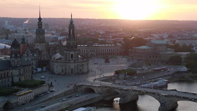 Unbelievable aerial view flight drone Sunset town Dresden Cathedral Bridge River