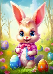 Cute pink bunny in a sweater with Easter eggs in the forest. Illustration. Happy Easter.