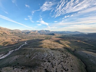 Albanian mountains near Saranda-aerial panorama landscape view  Albania Aerial photography. The Ionian Sea.Albanian Riviera. Shooting from a drone Sarande.Albanian coast-Balkan country.Hikers paradise