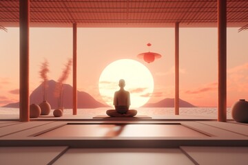 Graphic illustration of a person meditating in a zen room - obrazy, fototapety, plakaty