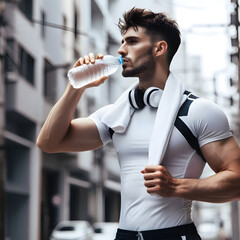 fit runner drinking from a water bottle in the street with helmets around his neck. Generative AI
