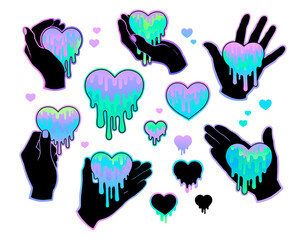 Hands hold bright hearts flowing down in drops. Vector stylized illustration