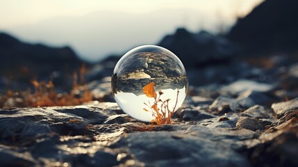 a glass ball sitting on top of a rocky ground next to a field of grass and a small orange flower.