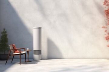 Simple patio heater standing outside with comfortable chair