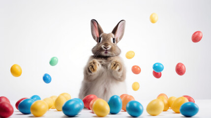 Fototapeta na wymiar A joyful bunny juggles a playful assortment of colorful eggs, an Easter Egg Hunt Adventure in motion.